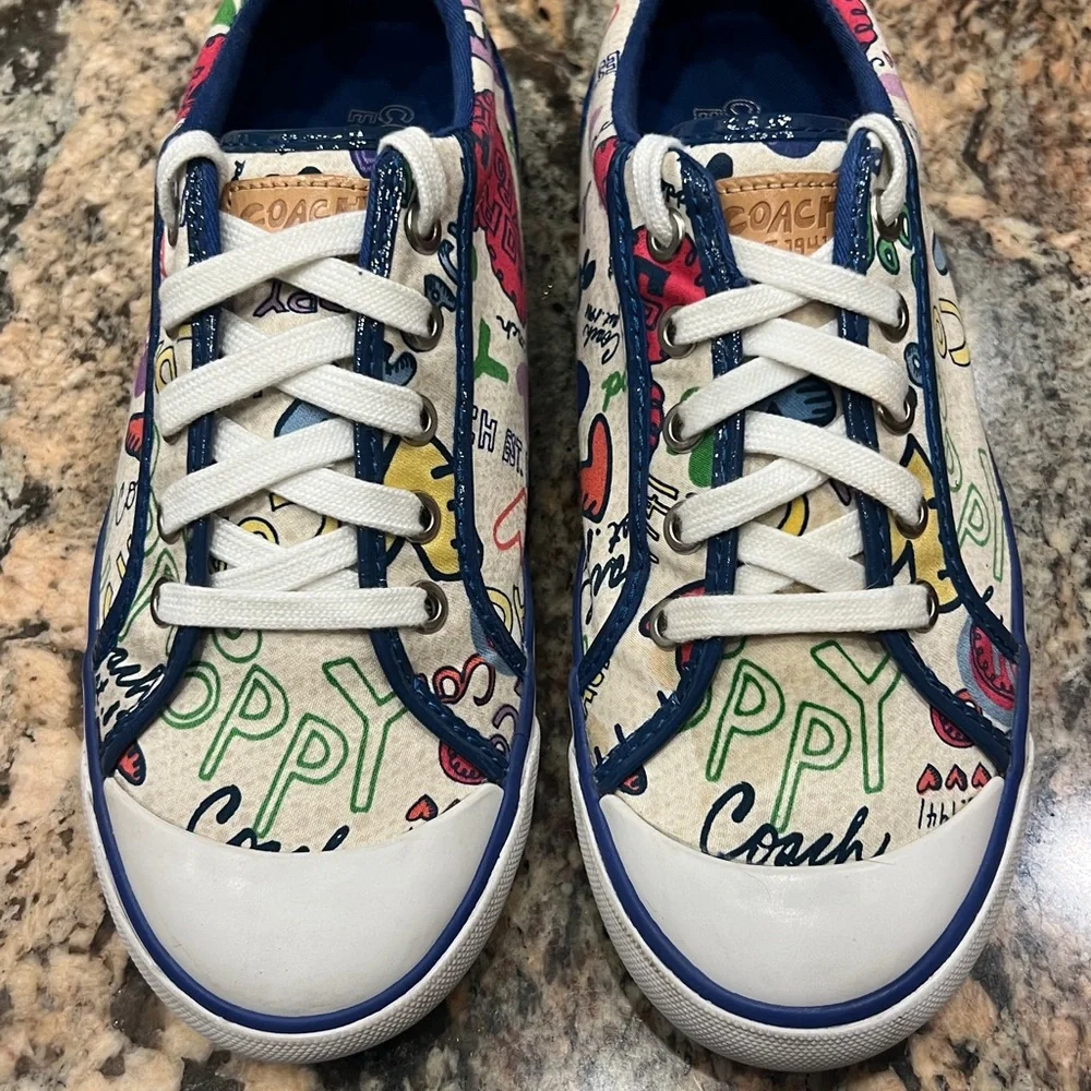 Coach Barrett Poppy Floral canvas sneakers with a blue and white graffiti SZ 8.5